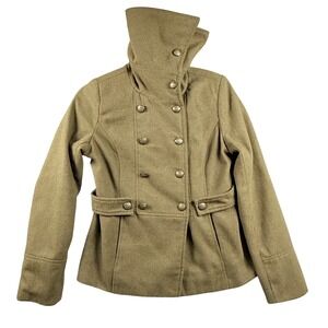 Coffeeshop Red Womens Small Olive Green Military Pea Coat Funnel Neck Wool Blend